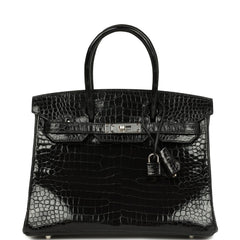 Pre-owned Hermes Birkin 30 Black Shiny Porosus Crocodile Palladium Hardware