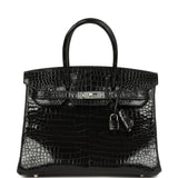 Pre-owned Hermes Birkin 30 Black Shiny Porosus Crocodile Palladium Hardware - Thumbnail View 1