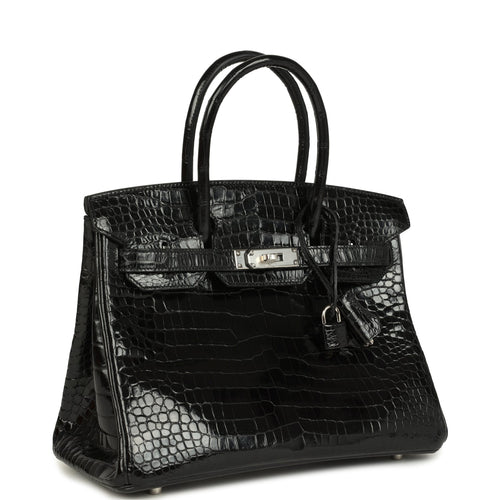 Pre-owned Hermes Birkin 30 Black Shiny Porosus Crocodile Palladium Hardware