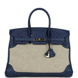 Pre-owned Hermes Birkin 35 Ghillies Bleu Saphir Swift and Ecru Toile Palladium Hardware - Thumbnail View 1