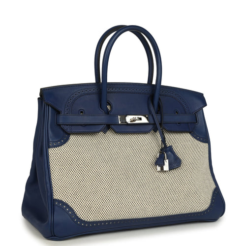Pre-owned Hermes Birkin 35 Ghillies Bleu Saphir Swift and Ecru Toile Palladium Hardware