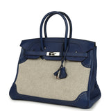 Pre-owned Hermes Birkin 35 Ghillies Bleu Saphir Swift and Ecru Toile Palladium Hardware - Thumbnail View 5