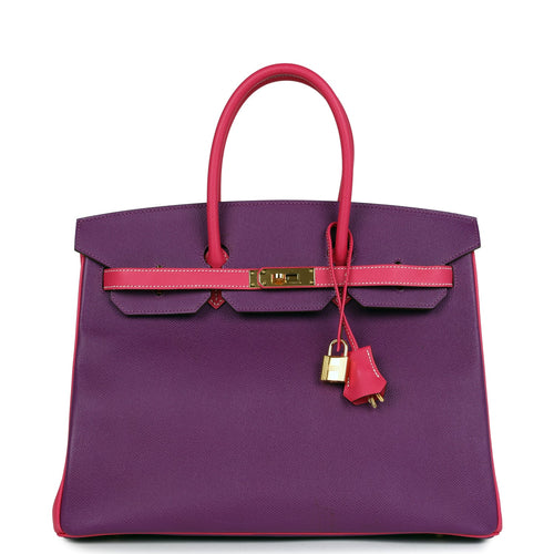 Pre-owned Hermes Special Order (HSS) Birkin 35 Rose Tyrien and Violet Epsom Gold Hardware