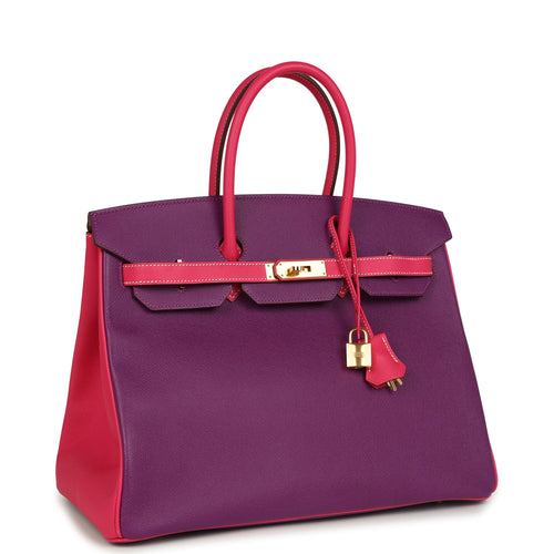 Pre-owned Hermes Special Order (HSS) Birkin 35 Rose Tyrien and Violet Epsom Gold Hardware