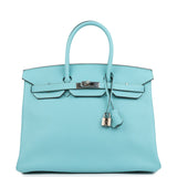 Hermes Birkin 35 Bleu Atoll Clemence Palladium Hardware