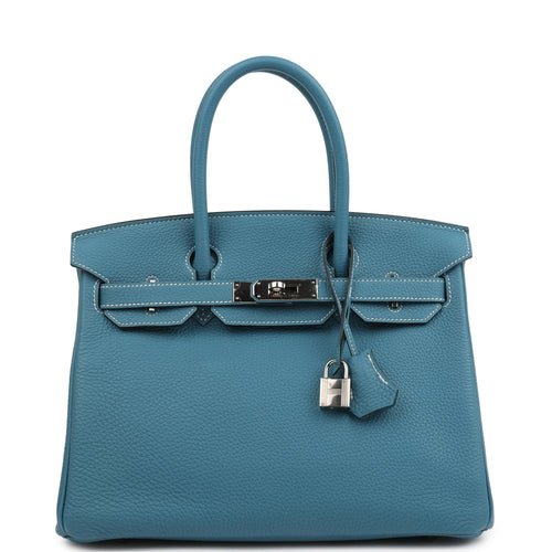 Pre-owned Hermes Birkin 30 Blue Jean Togo Palladium Hardware