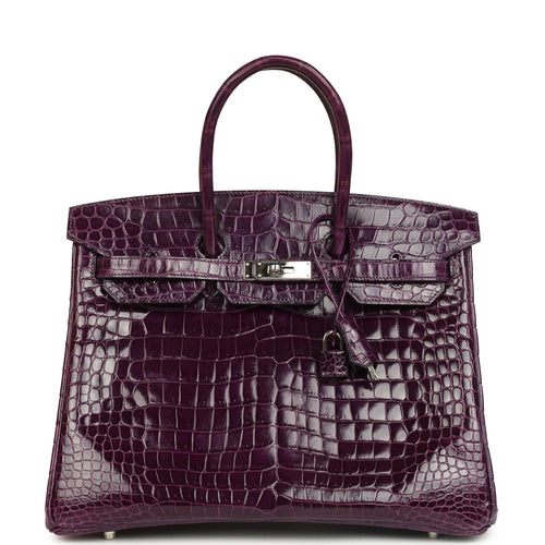 Pre-owned Hermes Birkin 35 Amethyst Shiny Porosus Crocodile Palladium Hardware
