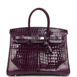 Pre-owned Hermes Birkin 35 Amethyst Shiny Porosus Crocodile Palladium Hardware