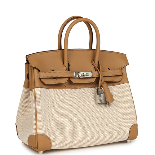 Hermes Birkin 25 Ecru and Beige Toile H Canvas and Biscuit Swift Palladium Hardware
