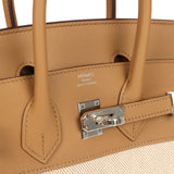 Hermes Birkin 25 Ecru and Beige Toile H Canvas and Biscuit Swift Palladium Hardware