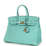 Pre-owned Hermes Birkin 35 Bleu Atoll Togo Gold Hardware