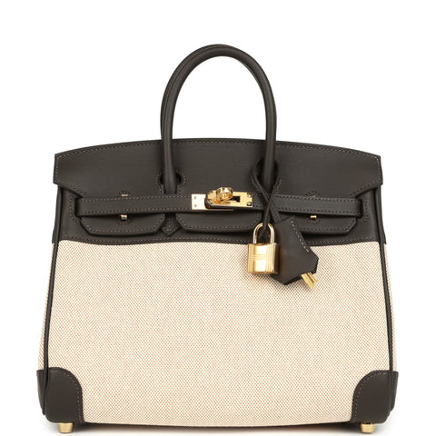Hermes Birkin 25 Ecru and Beige Toile H Canvas and Bai Brun Swift Gold Hardware