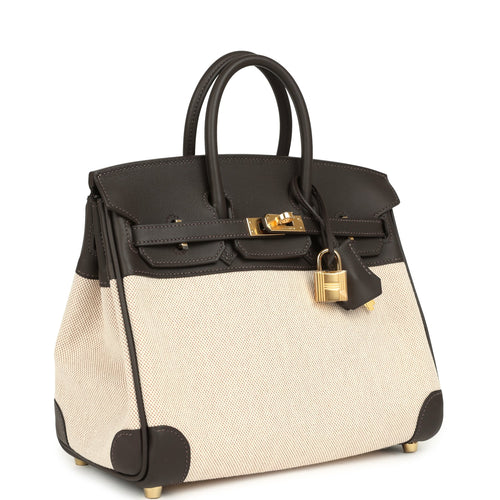 Hermes Birkin 25 Ecru and Beige Toile H Canvas and Bai Brun Swift Gold Hardware