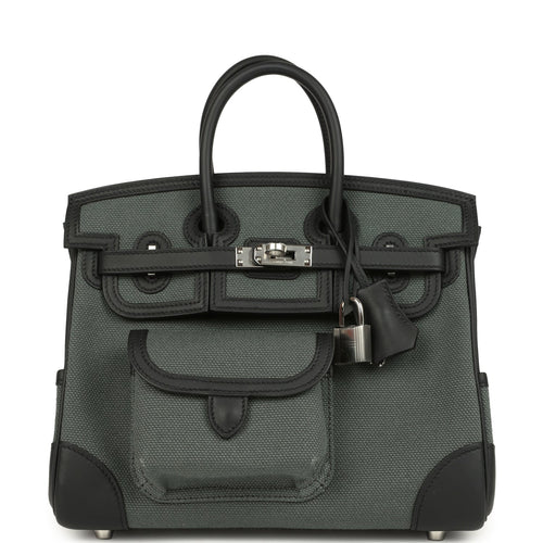 Hermes Birkin 25 Cargo Vert Mangrove Toile Goeland and Black Swift Palladium Hardware
