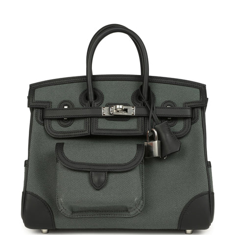 Hermes Birkin 25 Cargo Vert Mangrove Toile Goeland and Black Swift Palladium Hardware