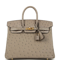 Pre-owned Hermes Birkin 25 Gris Tourterelle Ostrich Gold Hardware