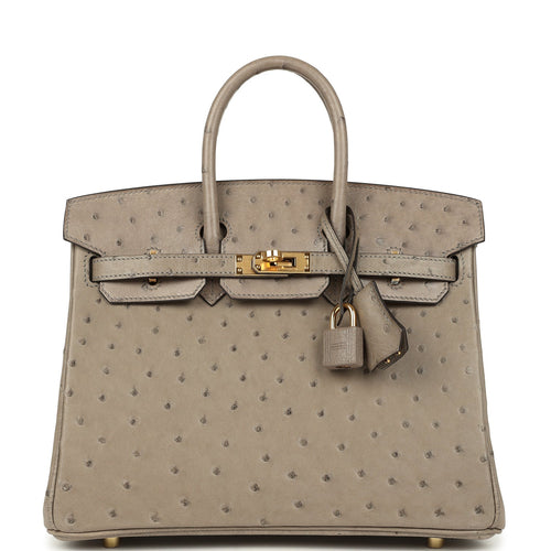Pre-owned Hermes Birkin 25 Gris Tourterelle Ostrich Gold Hardware
