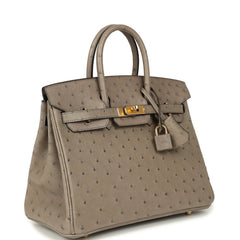 Pre-owned Hermes Birkin 25 Gris Tourterelle Ostrich Gold Hardware