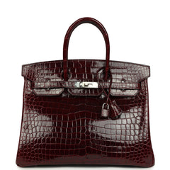 Pre-owned Hermes Birkin 35 Bordeaux Shiny Porosus Crocodile Palladium Hardware