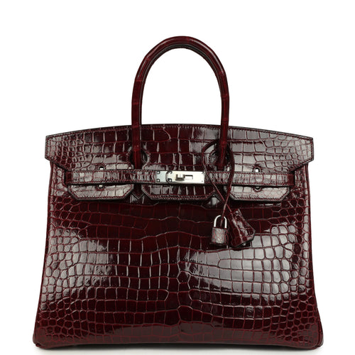 Pre-owned Hermes Birkin 35 Bordeaux Shiny Porosus Crocodile Palladium Hardware