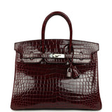 Pre-owned Hermes Birkin 35 Bordeaux Shiny Porosus Crocodile Palladium Hardware - Thumbnail View 1