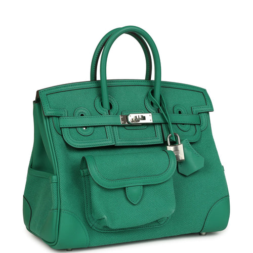 Pre-owned Hermes Birkin 25 Cargo Vert Vertigo Toile H and Swift Palladium Hardware