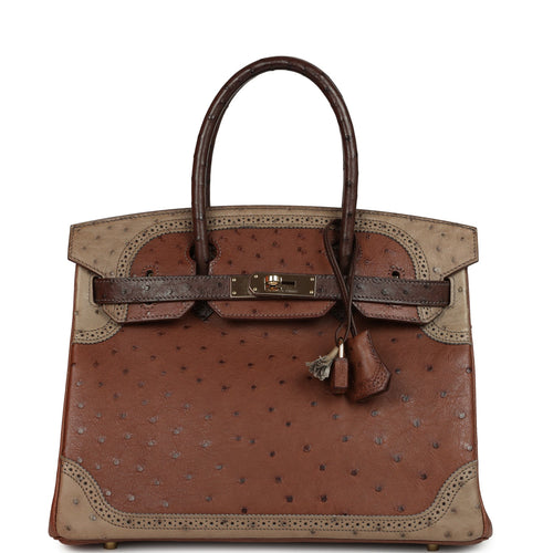 Pre-owned Hermes Birkin 30 Ghillies Etrusque, Mousse & Marron Fonce Ostrich Permabrass Hardware