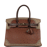 Pre-owned Hermes Birkin Ghillies 30 Etrusque, Mousse & Marron Fonce Ostrich Permabrass Hardware - Thumbnail View 1