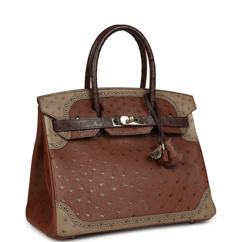 Pre-owned Hermes Birkin 30 Ghillies Etrusque, Mousse & Marron Fonce Ostrich Permabrass Hardware