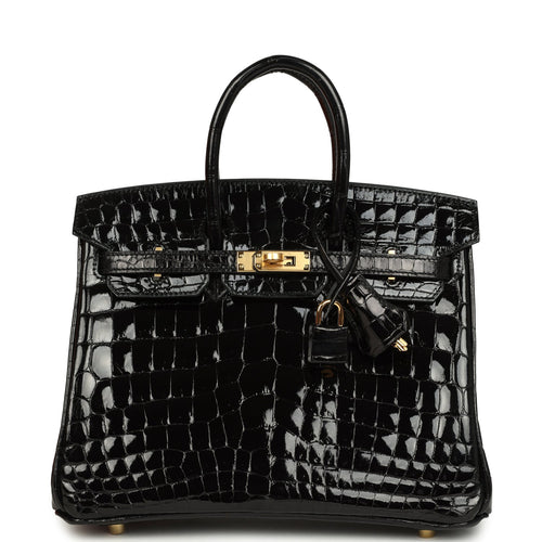 Hermes Birkin 25 Black Shiny Niloticus Crocodile Gold Hardware