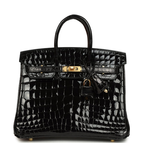 Hermes Birkin 25 Black Shiny Niloticus Crocodile Gold Hardware