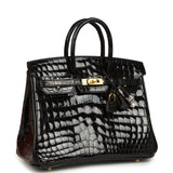 Hermes Birkin 25 Black Shiny Niloticus Crocodile Gold Hardware