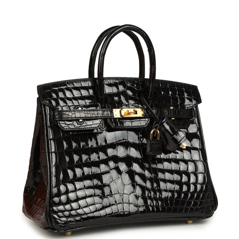 Hermes Birkin 25 Black Shiny Niloticus Crocodile Gold Hardware