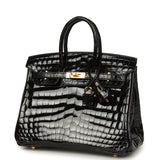 Hermes Birkin 25 Black Shiny Niloticus Crocodile Gold Hardware