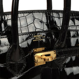 Hermes Birkin 25 Black Shiny Niloticus Crocodile Gold Hardware