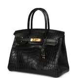 Pre-owned Hermes Birkin 30 Black Matte Niloticus Crocodile Gold Hardware
