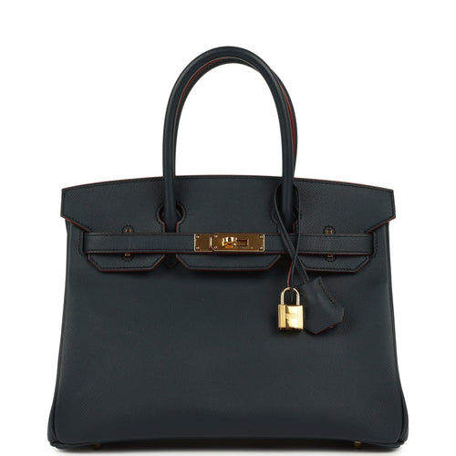 Pre-owned Hermes Birkin 30 Bleu Indigo and Rouge H Contour Epsom Gold Hardware