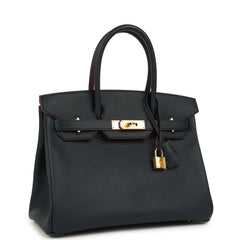 Pre-owned Hermes Birkin 30 Bleu Indigo and Rouge H Contour Epsom Gold Hardware