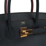 Pre-owned Hermes Birkin 30 Bleu Indigo and Rouge H Contour Epsom Gold Hardware
