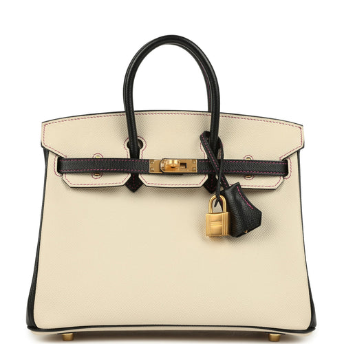 Pre-owned Hermes Special Order (HSS) Birkin 25 Craie and Black Epsom Brushed Gold Hardware