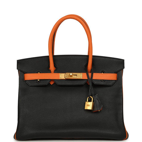 Pre-owned Hermes Special Order (HSS) Birkin 30 Black and Orange Chevre Brushed Gold Hardware
