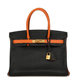 Pre-owned Hermes Special Order (HSS) Birkin 30 Black and Orange Chevre Brushed Gold Hardware