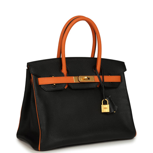 Pre-owned Hermes Special Order (HSS) Birkin 30 Black and Orange Chevre Brushed Gold Hardware