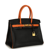 Pre-owned Hermes Special Order (HSS) Birkin 30 Black and Orange Chevre Brushed Gold Hardware