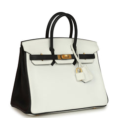 Hermes Special Order (HSS) Birkin 25 Bi-Color White, Black Clemence Brushed Gold Hardware