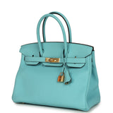 Hermes Birkin 30 Bleu Atoll Clemence Gold Hardware