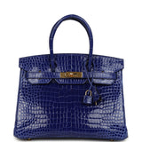 Pre-owned Hermes Birkin 30 Bleu Electric Shiny Porosus Crocodile Gold Hardware