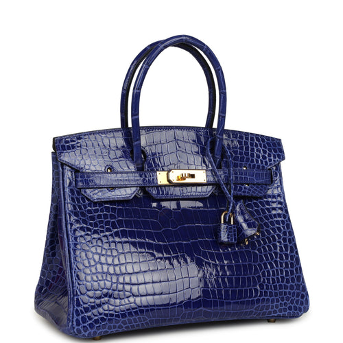Pre-owned Hermes Birkin 30 Bleu Electric Shiny Porosus Crocodile Gold Hardware