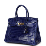 Pre-owned Hermes Birkin 30 Bleu Electric Shiny Porosus Crocodile Gold Hardware