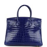 Pre-owned Hermes Birkin 30 Bleu Electric Shiny Porosus Crocodile Gold Hardware